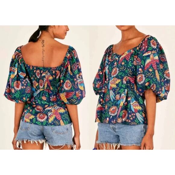 FARM Rio | Tropical Birds Blouse Navy Blue Multi | Sz S | Tropical Bold Vibrant - Picture 1 of 11